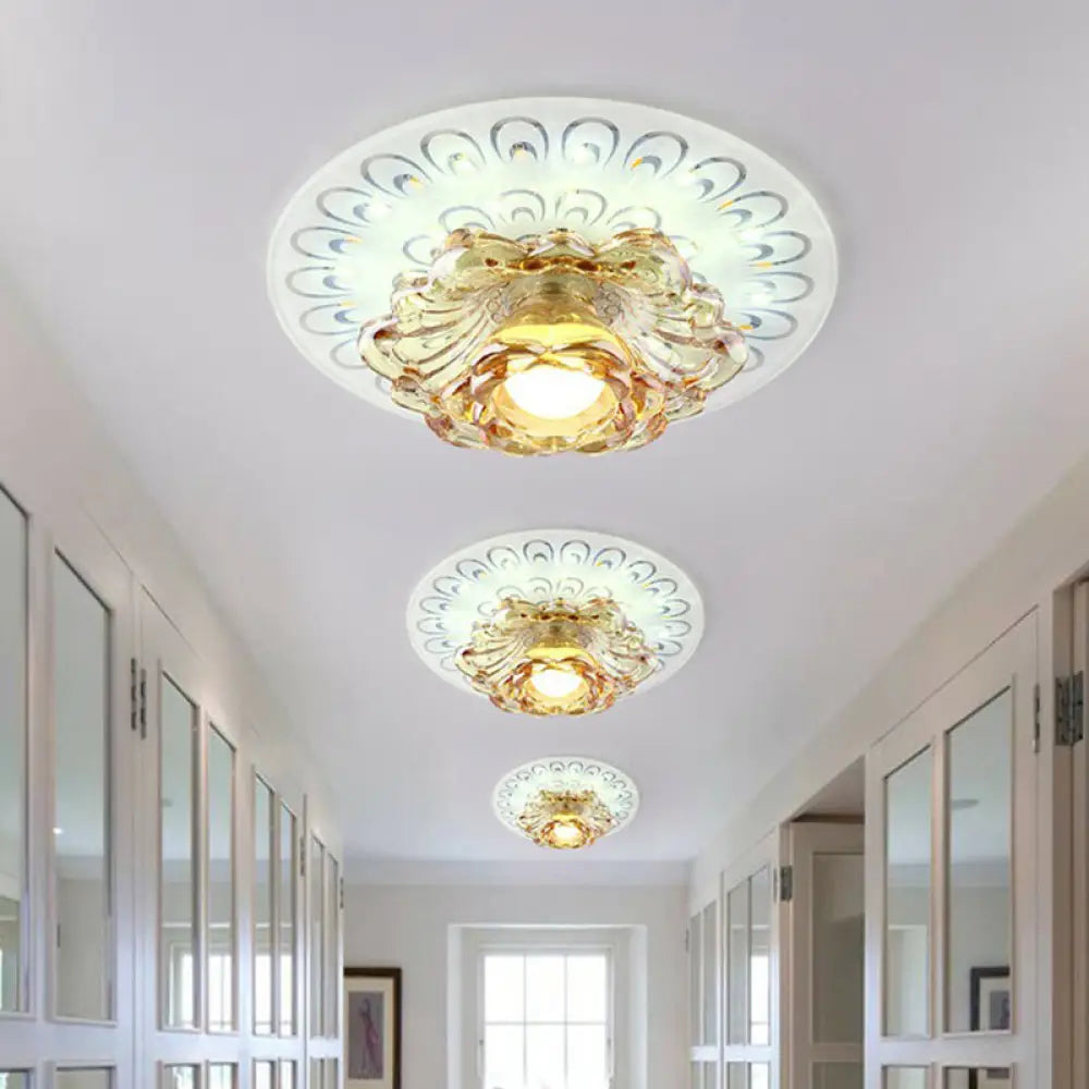 White Led Flush Mount Ceiling Light With Contemporary Floral Crystal Design / 7’