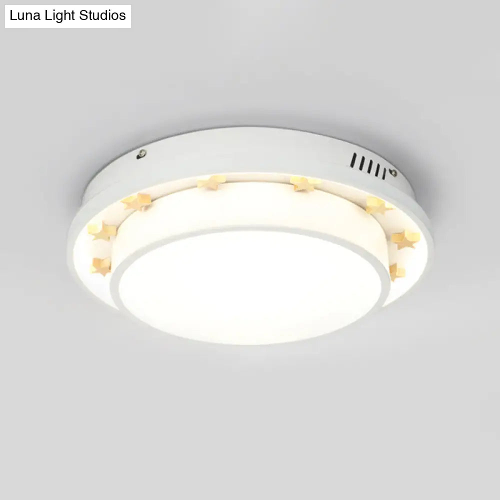 White Led Flush Mount Lamp With Modern Metallic Finish & Wooden Star Deco