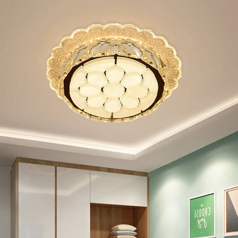 White Led Flushmount With Etched Floral Design For Corridor Ceiling Lighting