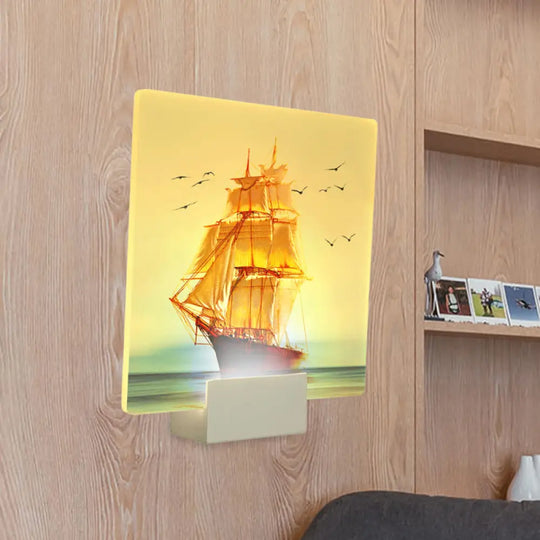 White Led Oriental Square Wall Mural With Sailing Boat And Sea Design