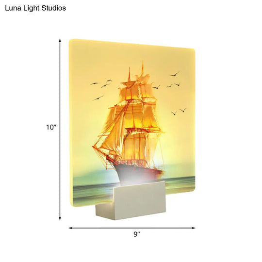 White Led Oriental Square Wall Mural With Sailing Boat And Sea Design