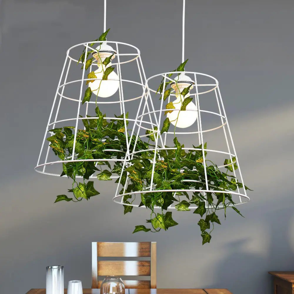 White Loft Barrel Cage Suspension Pendant With Green Leaf Deco - Iron Hanging Ceiling Light (1 Bulb)