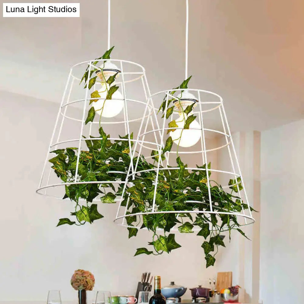 White Loft Barrel Cage Suspension Pendant With Green Leaf Deco - Iron Hanging Ceiling Light (1 Bulb)