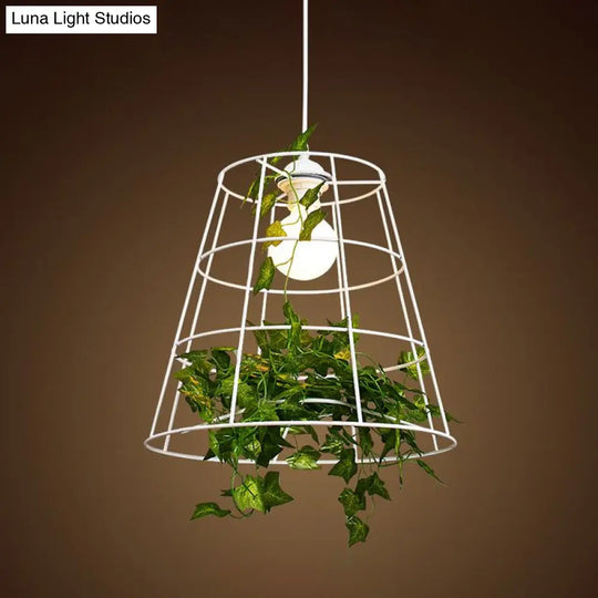 White Loft Barrel Cage Suspension Pendant With Green Leaf Deco - Iron Hanging Ceiling Light (1 Bulb)