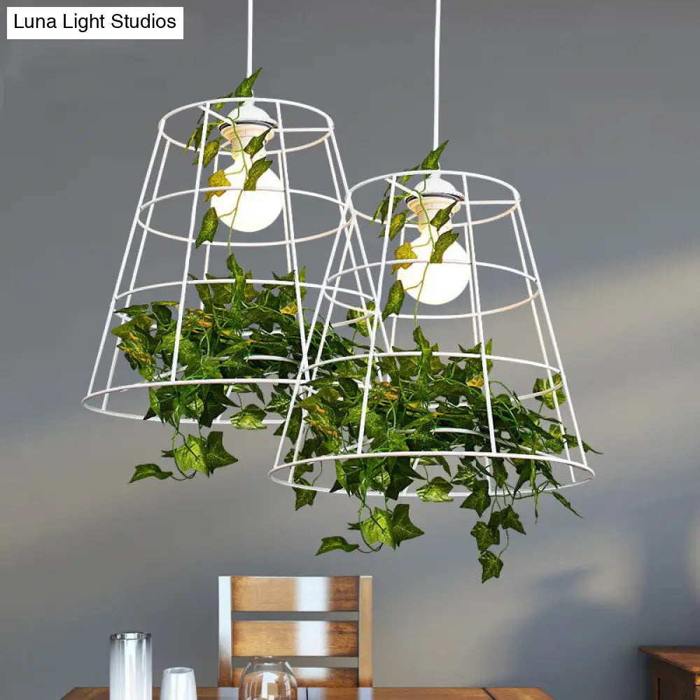 White Loft Barrel Cage Pendant Ceiling Light With Green Leaf Deco 1 Bulb Iron Suspension