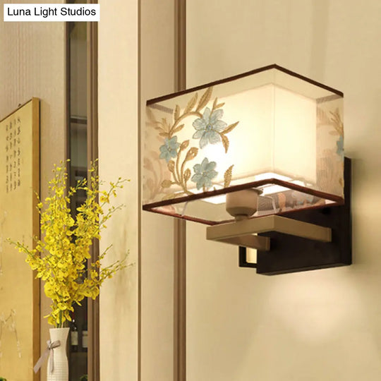 White Metal 1-Light Rectangle Wall Lamp: Classic Bedside Sconce With Flower Pattern