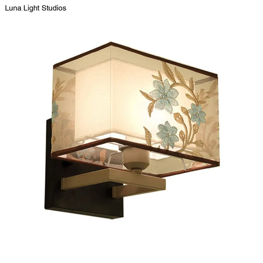 White Metal 1-Light Rectangle Wall Lamp: Classic Bedside Sconce With Flower Pattern