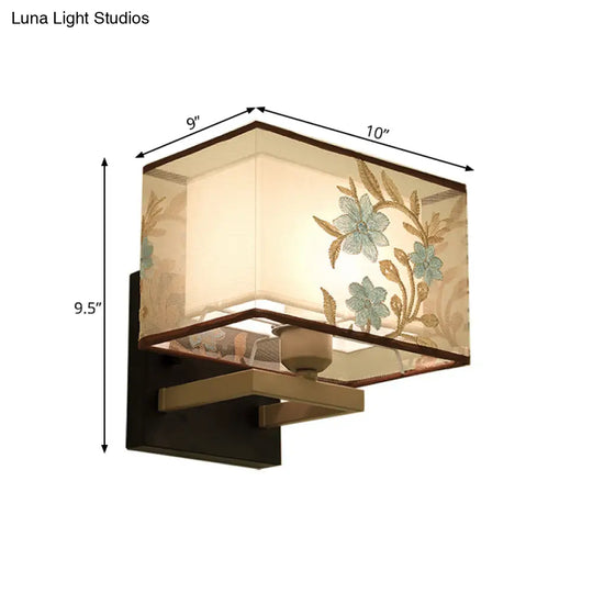 White Metal 1-Light Rectangle Wall Lamp: Classic Bedside Sconce With Flower Pattern