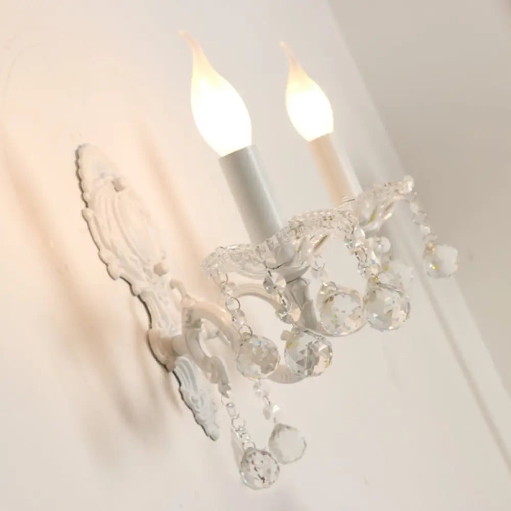 White Metal Candle Wall Sconce With Crystal Draping For Countryside Charm 2 / Distressed