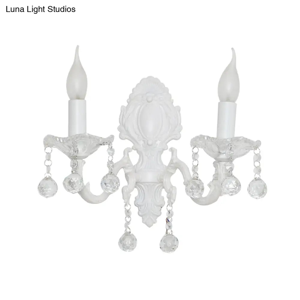 White Metal Candle Wall Sconce With Crystal Draping For Countryside Charm