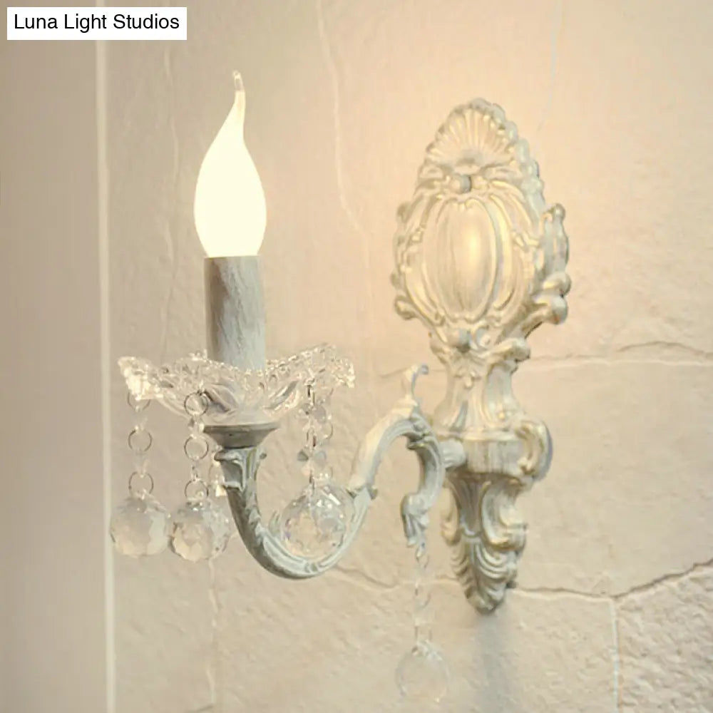 White Metal Candle Wall Sconce With Crystal Draping For Countryside Charm