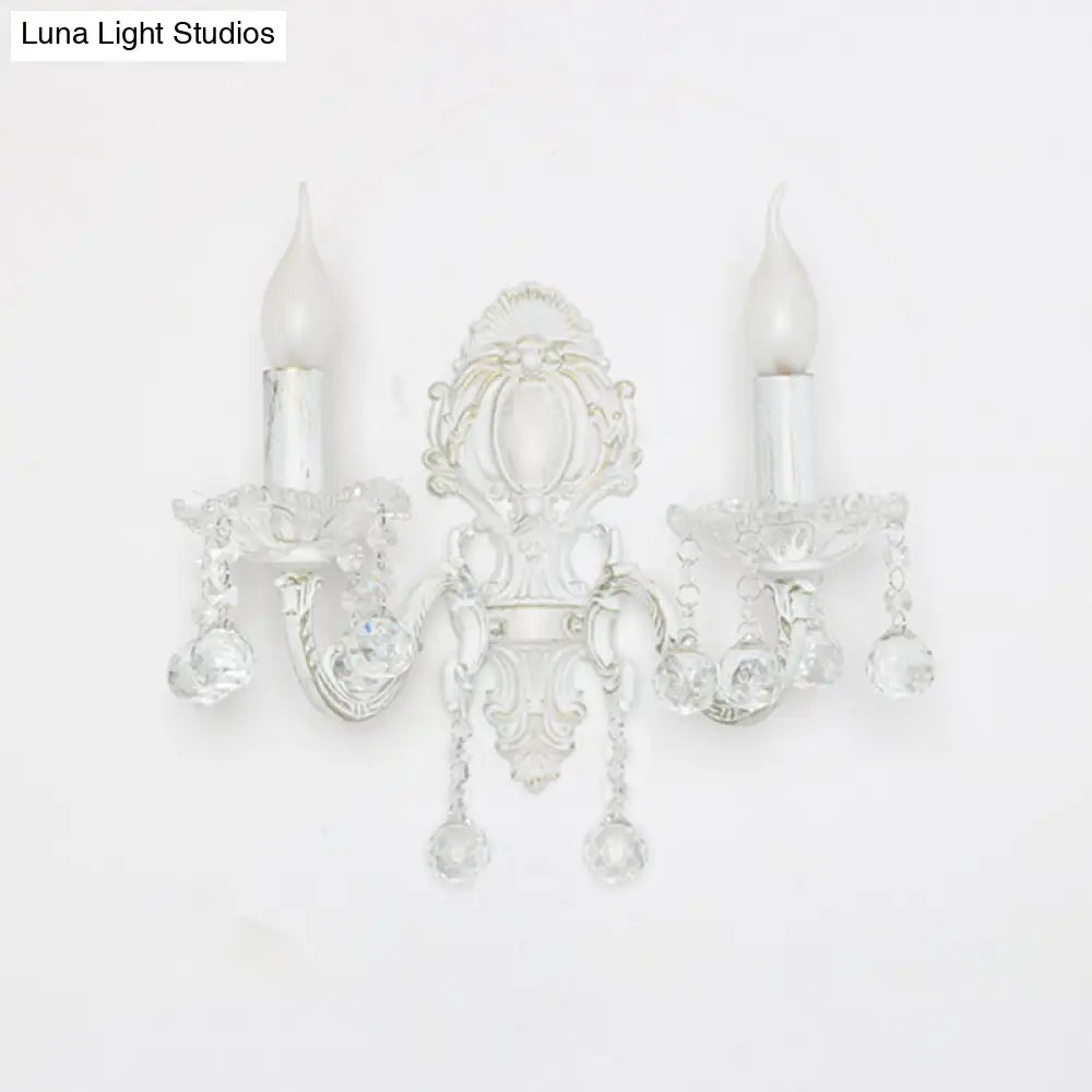 White Metal Candle Wall Sconce With Crystal Draping For Countryside Charm