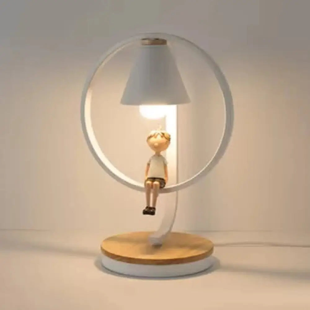 White Metal Desk Lamp With Modern Ring Design And Boy Deco - Perfect For Kids Bedroom