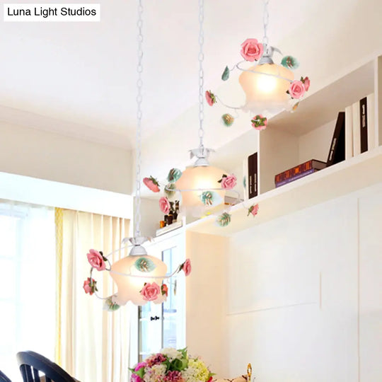 White Metal Flower Pendant Light With Scalloped Cluster Design For Dining Room - 3 Lights