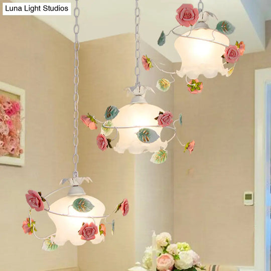 White Metal Flower Pendant Light With Scalloped Cluster Design For Dining Room - 3 Lights