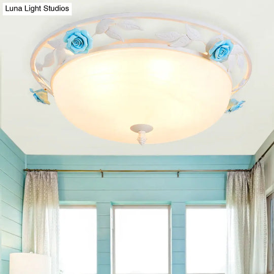 White Metal Flush Mount Ceiling Light For Living Room With Pastoral Dome Design And 1 Bulb