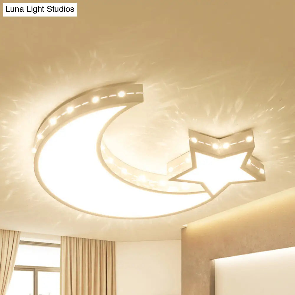 White Metal Hollow Star Crescent Flush Ceiling Light - Modern Led Fixture For Kid’s Bedroom