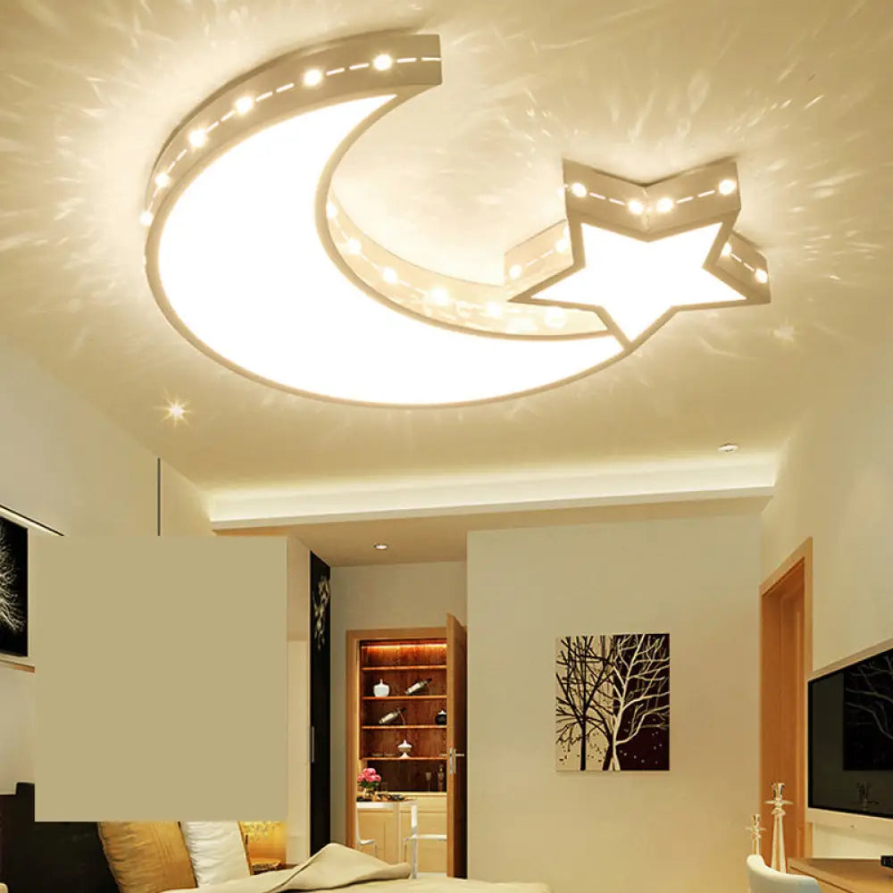 White Metal Hollow Star Crescent Flush Ceiling Light - Modern Led Fixture For Kid’s Bedroom /