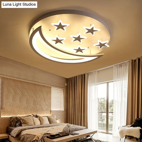 White Metal Moon And Star Flush Ceiling Light For Kids Cartoon Bedroom