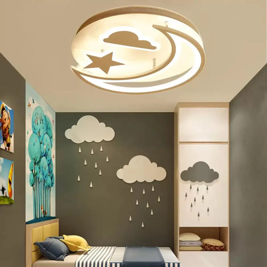White Metal Moon And Star Flush Ceiling Light For Kid’s Cartoon Bedroom / 16’ Warm