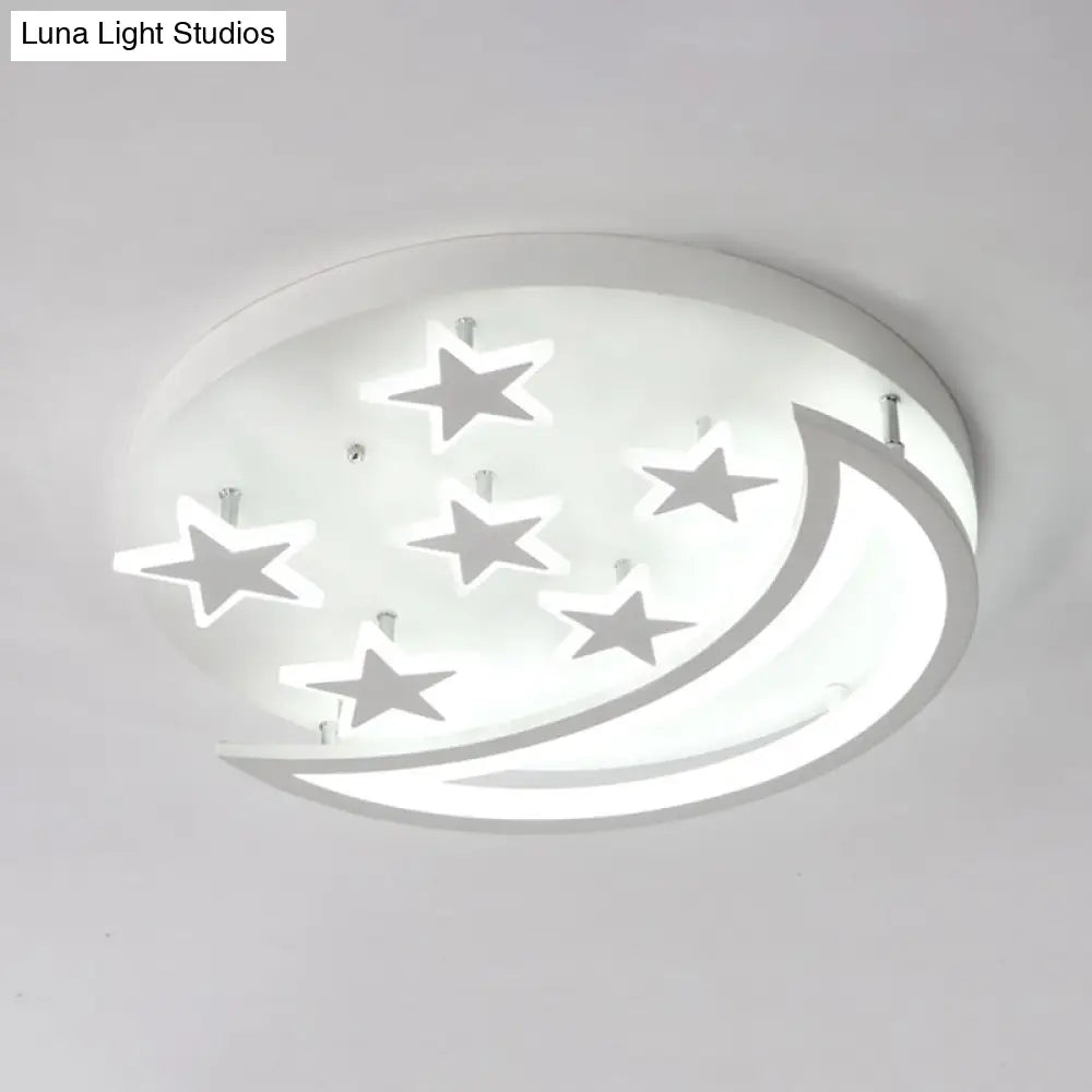 White Metal Moon And Star Flush Ceiling Light For Kid’s Cartoon Bedroom