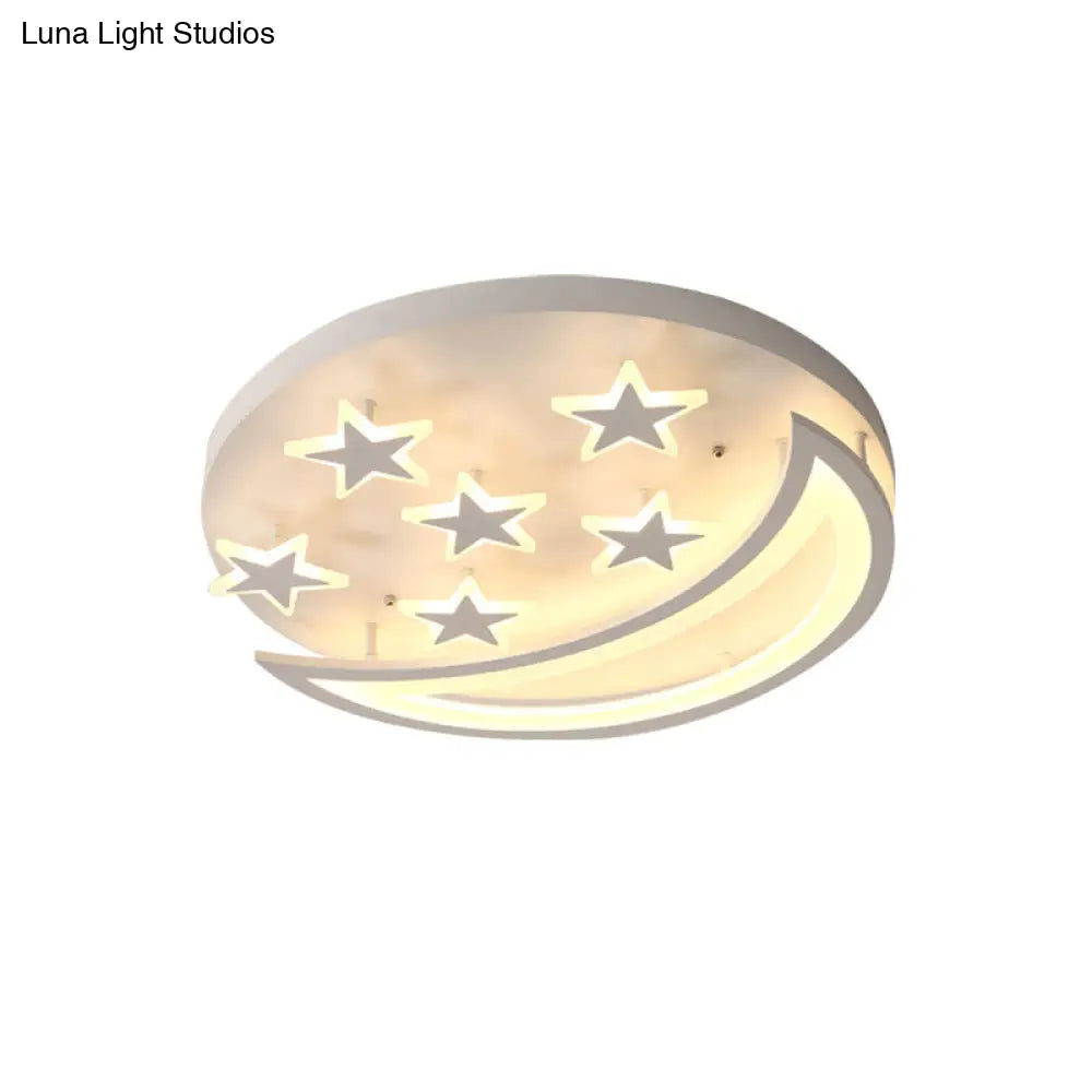 White Metal Moon And Star Flush Ceiling Light For Kids Cartoon Bedroom