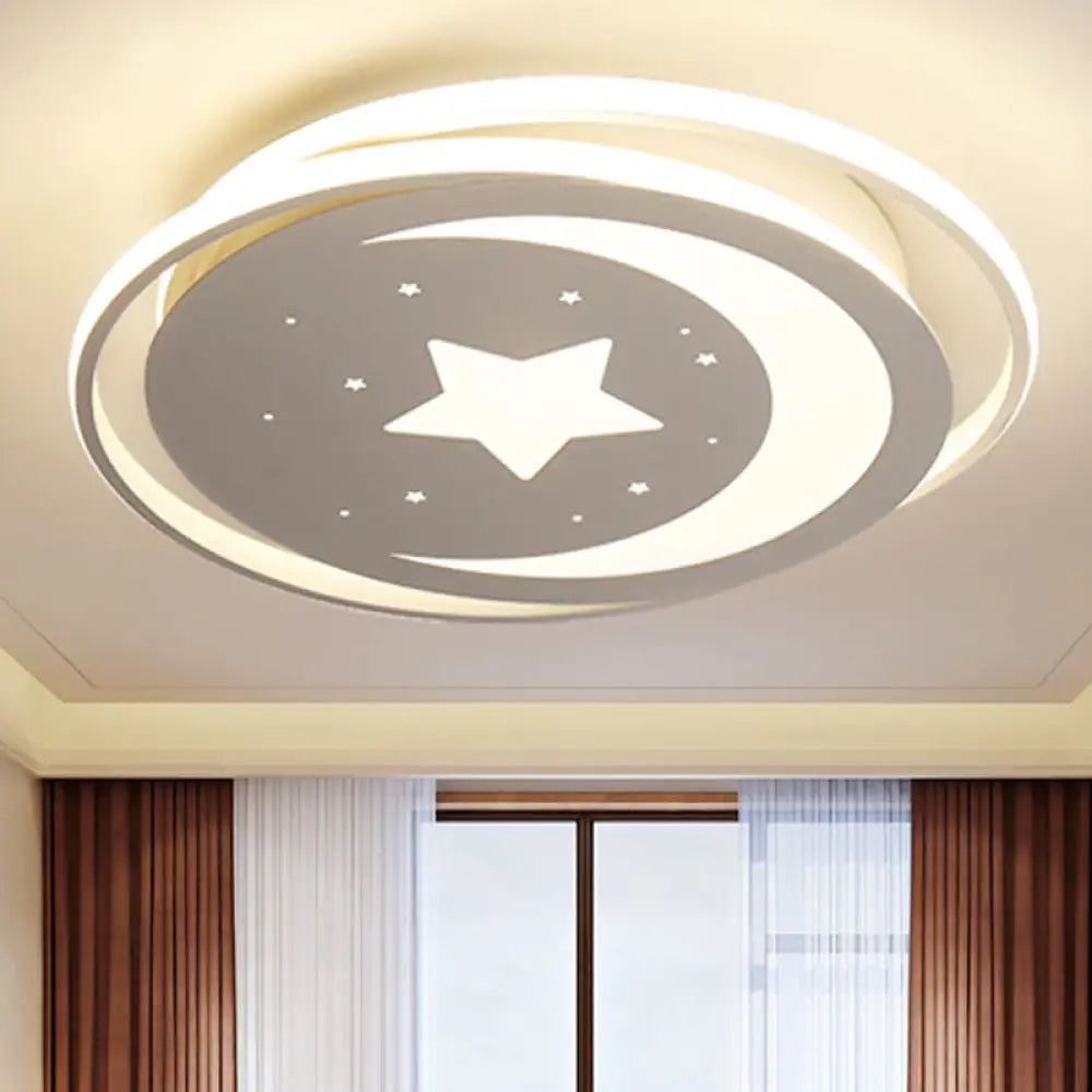 White Metal Moon&Star Ceiling Light - Creative Led Flush Mount For Kids’ Bedroom & Corridor / 16’