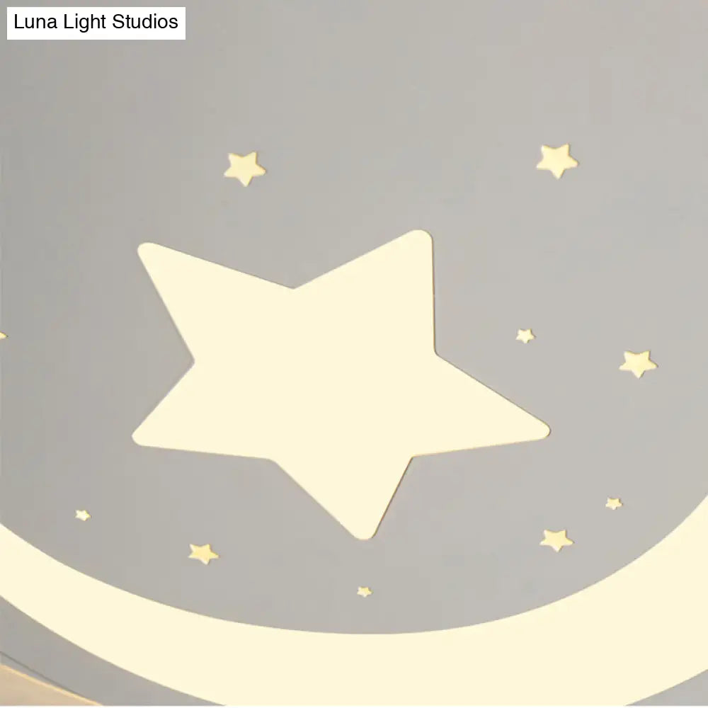 White Metal Moon&Star Ceiling Light - Creative Led Flush Mount For Kids’ Bedroom & Corridor