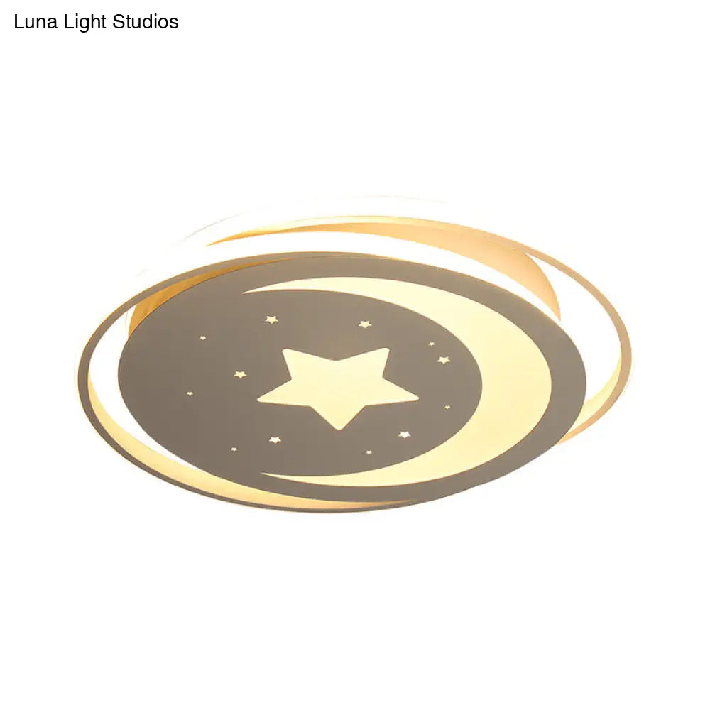 White Metal Moon&Star Ceiling Light - Creative Led Flush Mount For Kids Bedroom & Corridor