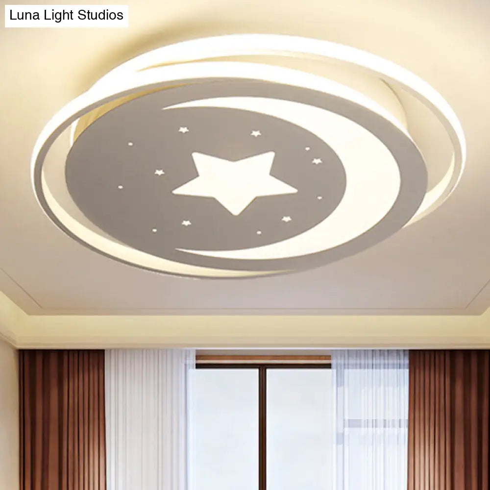 White Metal Moon&Star Ceiling Light - Creative Led Flush Mount For Kids Bedroom & Corridor / 16