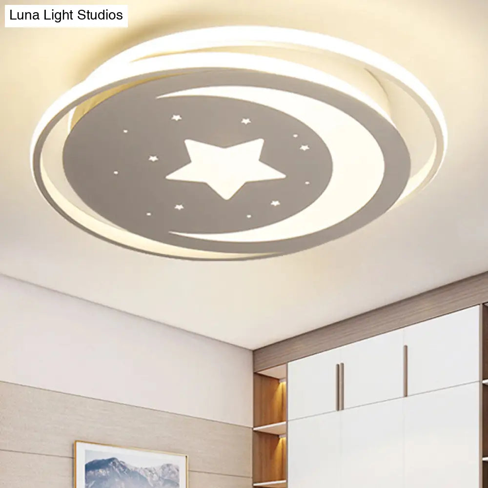 White Metal Moon&Star Ceiling Light - Creative Led Flush Mount For Kids Bedroom & Corridor