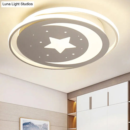 White Metal Moon&Star Ceiling Light - Creative Led Flush Mount For Kids Bedroom & Corridor