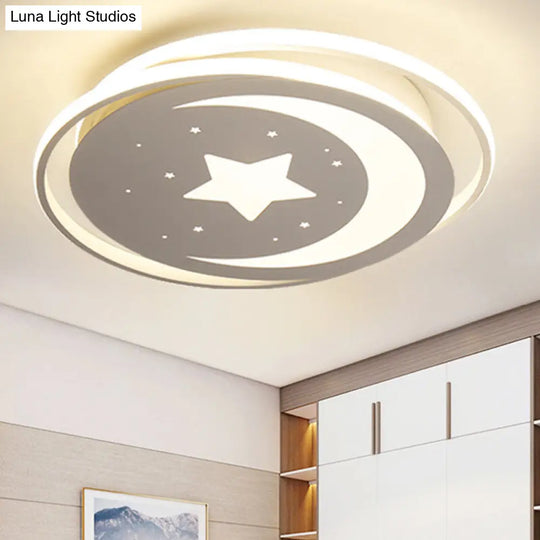 White Metal Moon&Star Ceiling Light - Creative Led Flush Mount For Kids’ Bedroom & Corridor