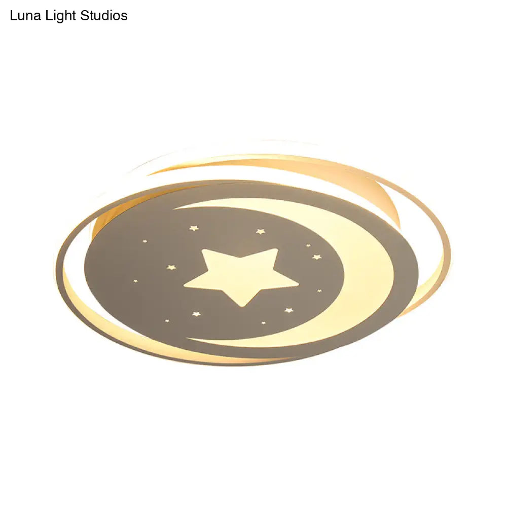 White Metal Moon&Star Ceiling Light - Creative Led Flush Mount For Kids’ Bedroom & Corridor