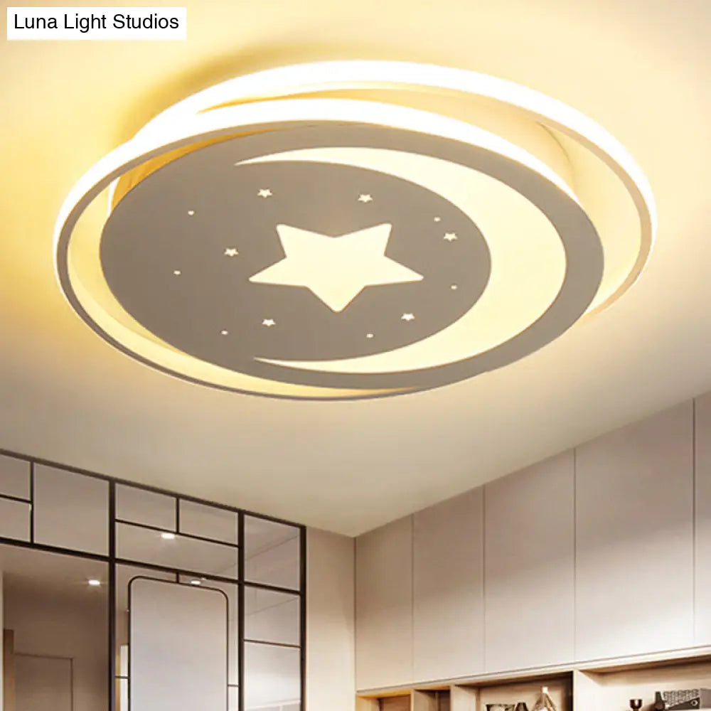 White Metal Moon&Star Ceiling Light - Creative Led Flush Mount For Kids’ Bedroom & Corridor