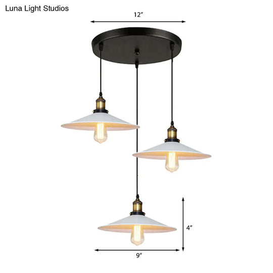 White Metal Pendant Light With 3 Industrial Saucer Hanging Ceiling Lights - Linear/Round Canopy