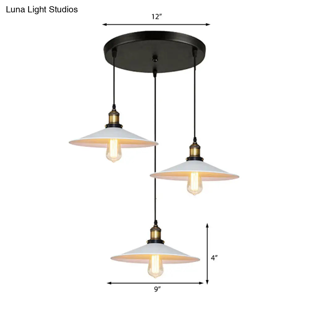 Sleek Industrial Saucer Pendant Light With 3 Metal Bulbs And White Canopy