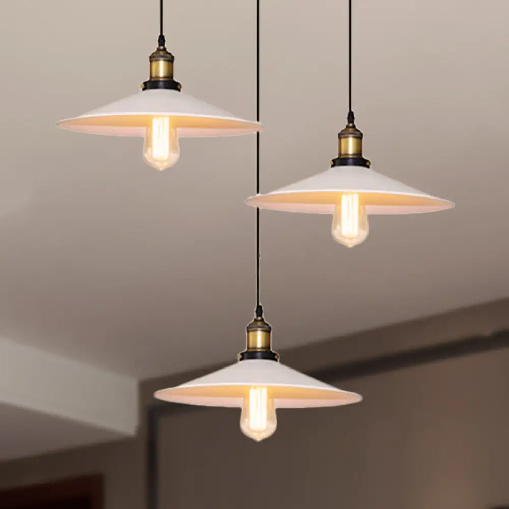 White Metal Pendant Light With 3 Industrial Saucer Hanging Ceiling Lights - Linear/Round Canopy /