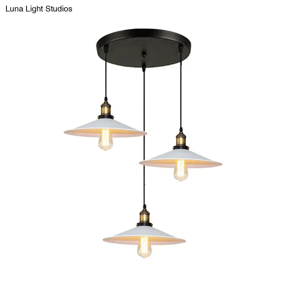 Sleek Industrial Saucer Pendant Light With 3 Metal Bulbs And White Canopy