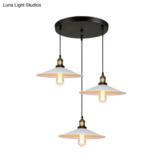 Sleek Industrial Saucer Pendant Light With 3 Metal Bulbs And White Canopy