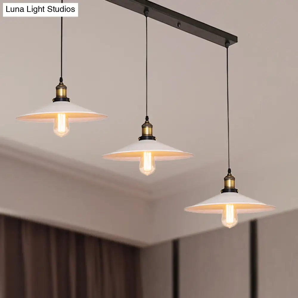 White Metal Pendant Light With 3 Industrial Saucer Hanging Ceiling Lights - Linear/Round Canopy