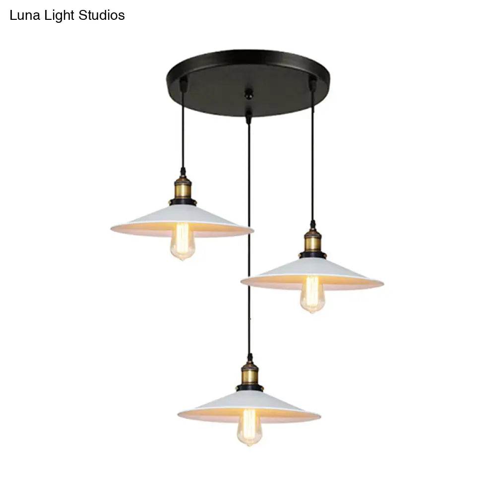 White Metal Pendant Light With 3 Industrial Saucer Hanging Ceiling Lights - Linear/Round Canopy