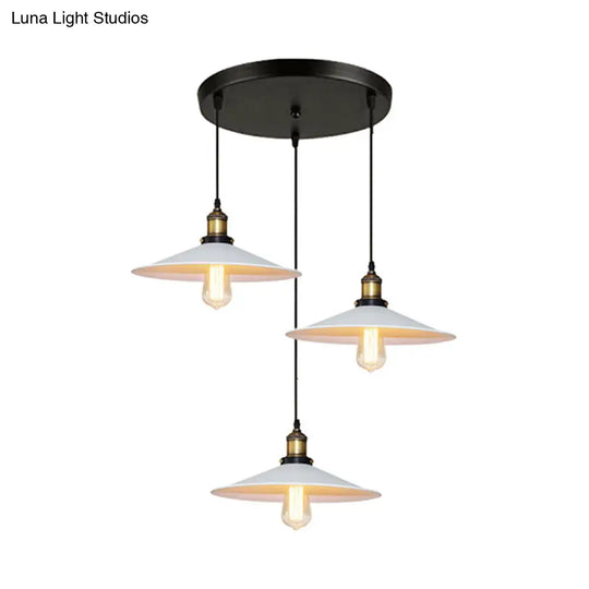 White Metal Pendant Light With 3 Industrial Saucer Hanging Ceiling Lights - Linear/Round Canopy