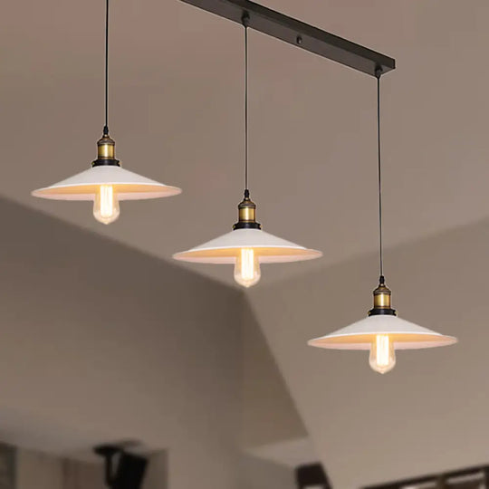 White Metal Pendant Light With 3 Industrial Saucer Hanging Ceiling Lights - Linear/Round Canopy /