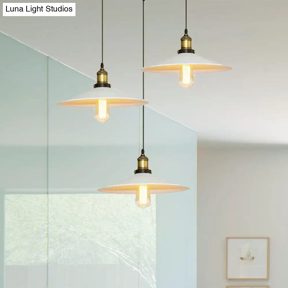 White Metal Pendant Light With 3 Industrial Saucer Hanging Ceiling Lights - Linear/Round Canopy