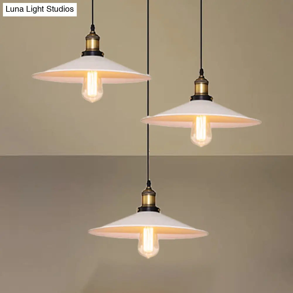 White Metal Pendant Light With 3 Industrial Saucer Hanging Ceiling Lights - Linear/Round Canopy