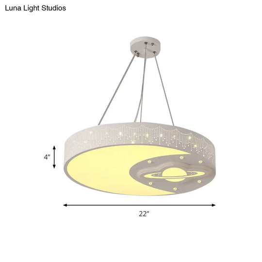 White Metal Round Pendant Light With Moon And Planet Design - Ideal Kids Chandelier For Living Room