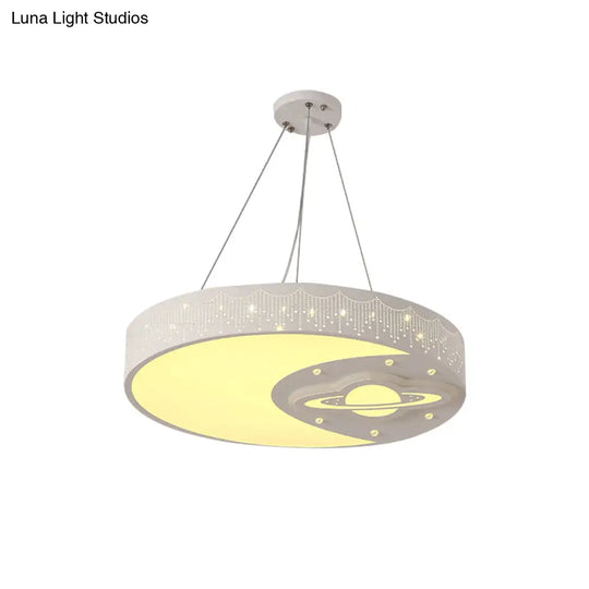 White Metal Round Pendant Light With Moon And Planet Design - Ideal Kids Chandelier For Living Room