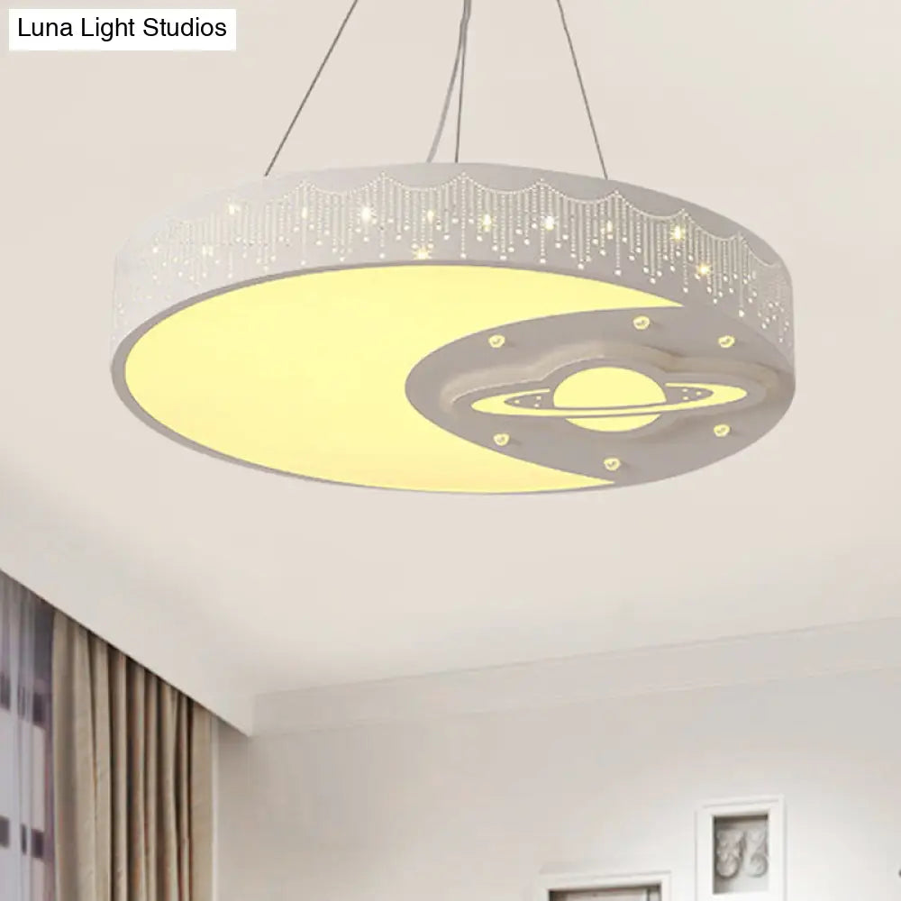 White Metal Round Pendant Light With Moon And Planet Design - Ideal Kids Chandelier For Living Room