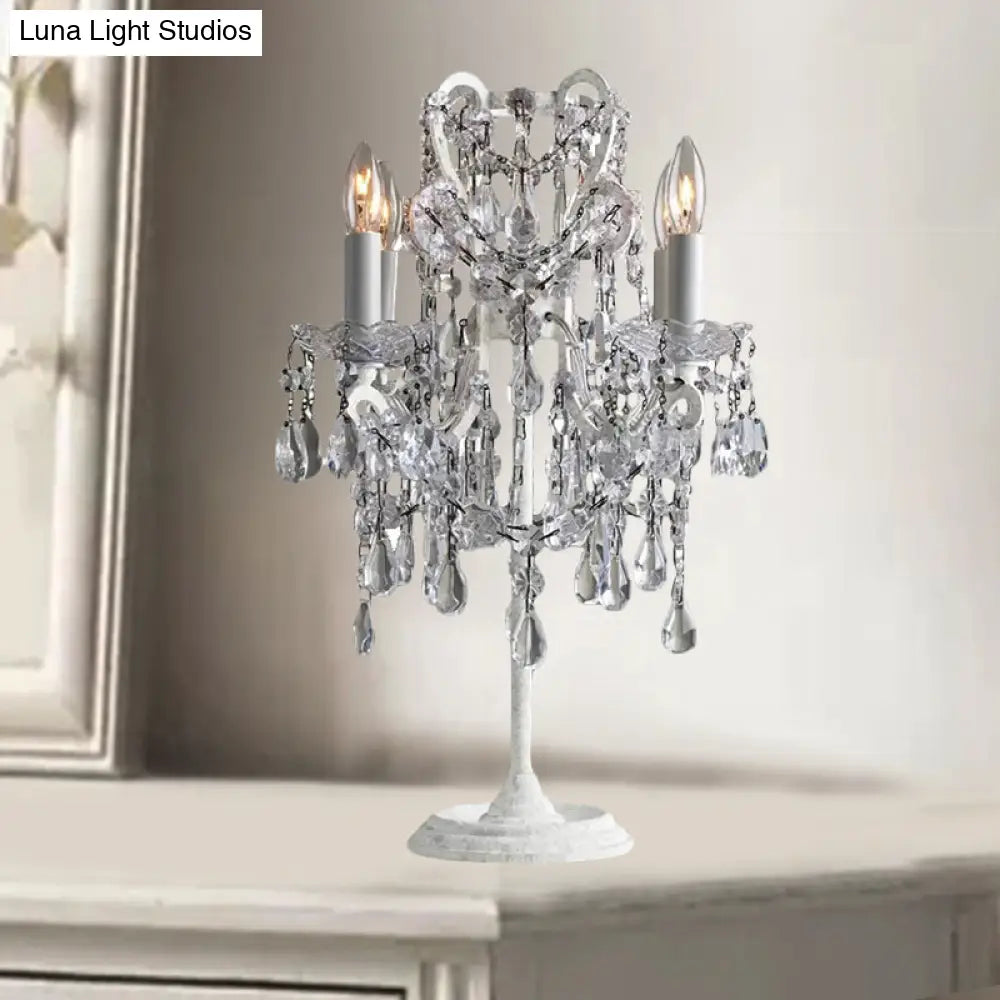 White Metal Table Lamp With Crystal Deco: Luxurious Style For Adult Bedroom